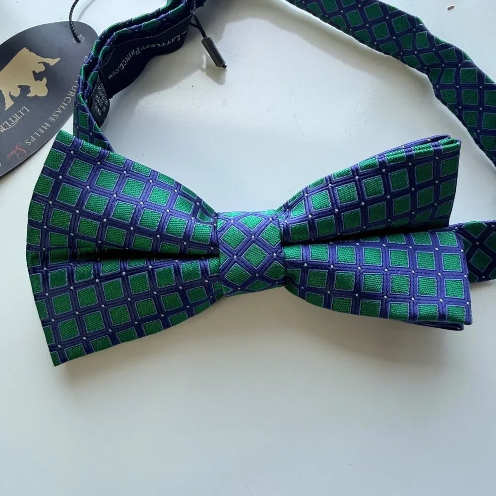 Littlest Prince Bow Tie Set Father & Son Green Blue Polyester Adjustable Pattern